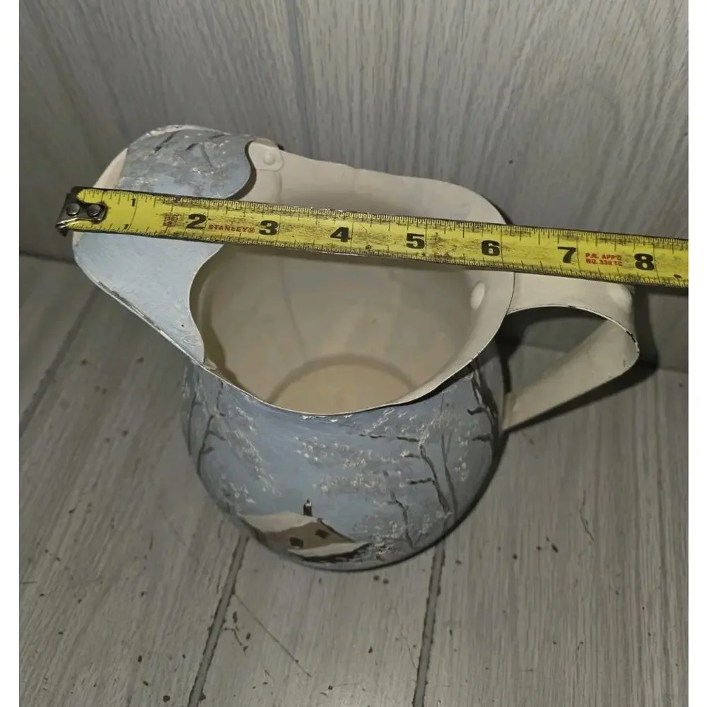 Vintage Hand Painted Metal Pitcher Winter Country Scene Artist Signed Farmhouse